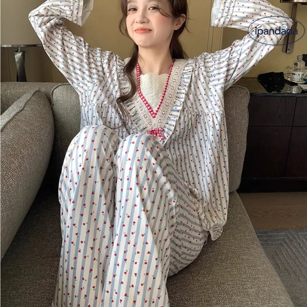 パジャマ レディース 春秋季 長袖 韓国スタイル カジュアル スウィート レース フリル ストライプ コットンリネン ホームウェア 2点セット 学生用 ID2179