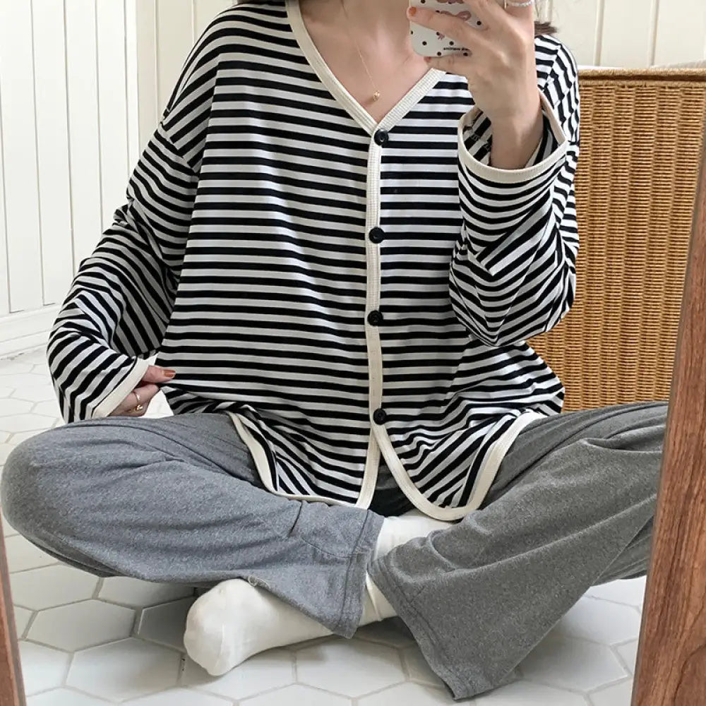 パジャマ レディース 春秋 コットン ストレッチ ゆったり 甘い カーディガン Vネック 外出可能 長袖 ロングパンツ ハウスウェア セット ID2017 ブラック / M レディース>セットアップ