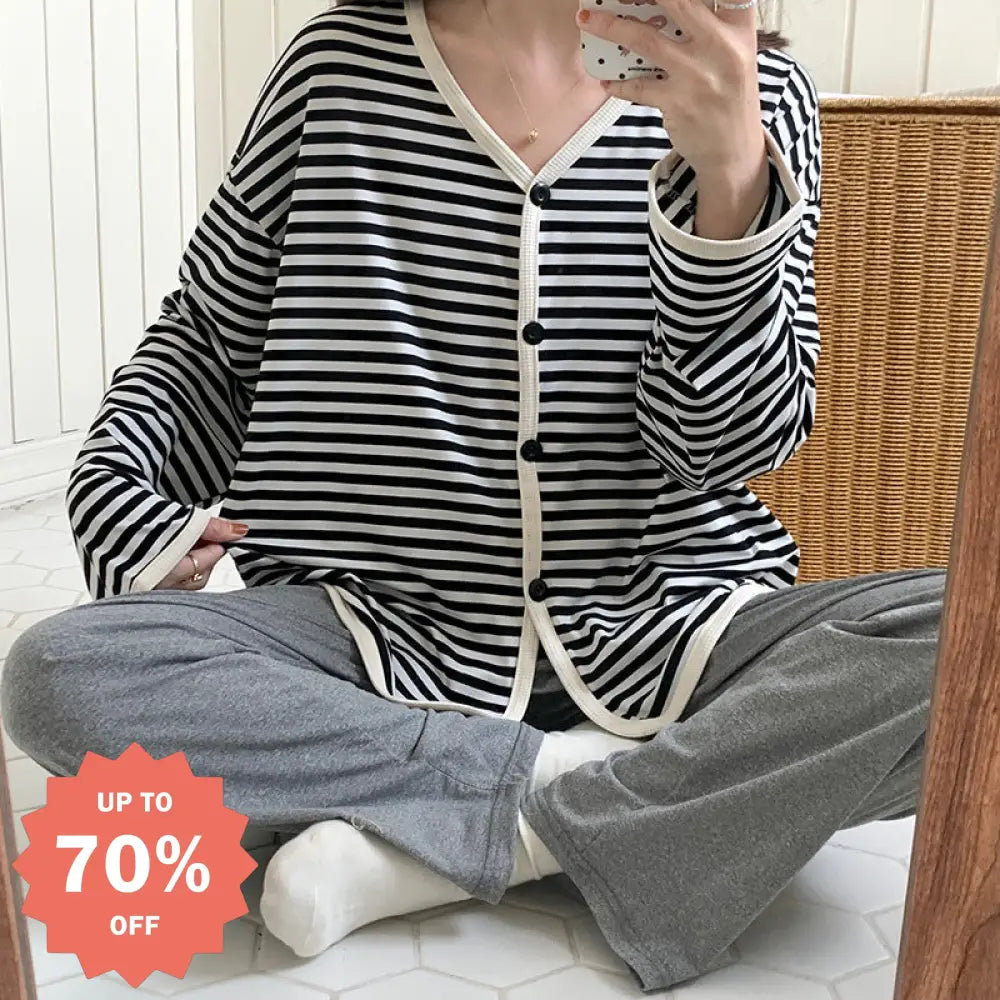 パジャマ レディース 春秋 コットン ストレッチ ゆったり 甘い カーディガン Vネック 外出可能 長袖 ロングパンツ ハウスウェア セット ID2017