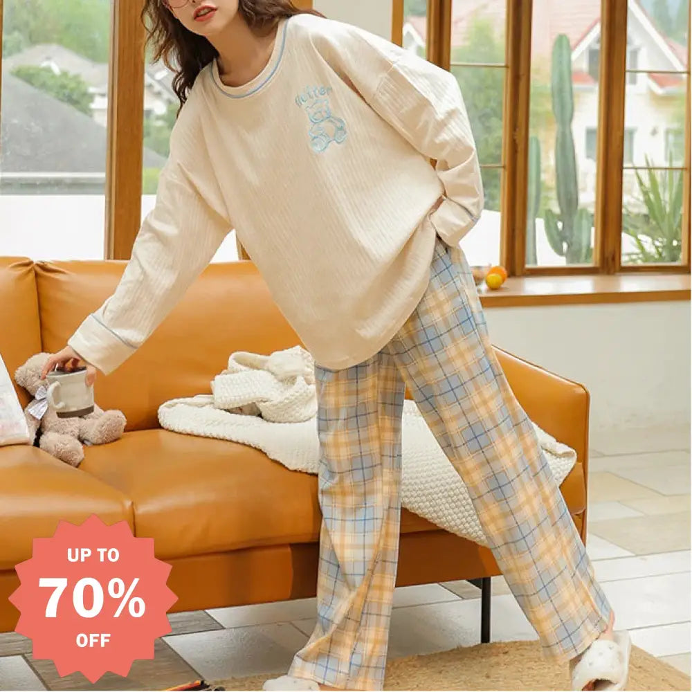 パジャマ レディース 春秋 モデル 長袖 ロングパンツセット 学生向け インスタ風 秋冬 シーズン ゆったりルームウェア ID3911 タイプ① / M