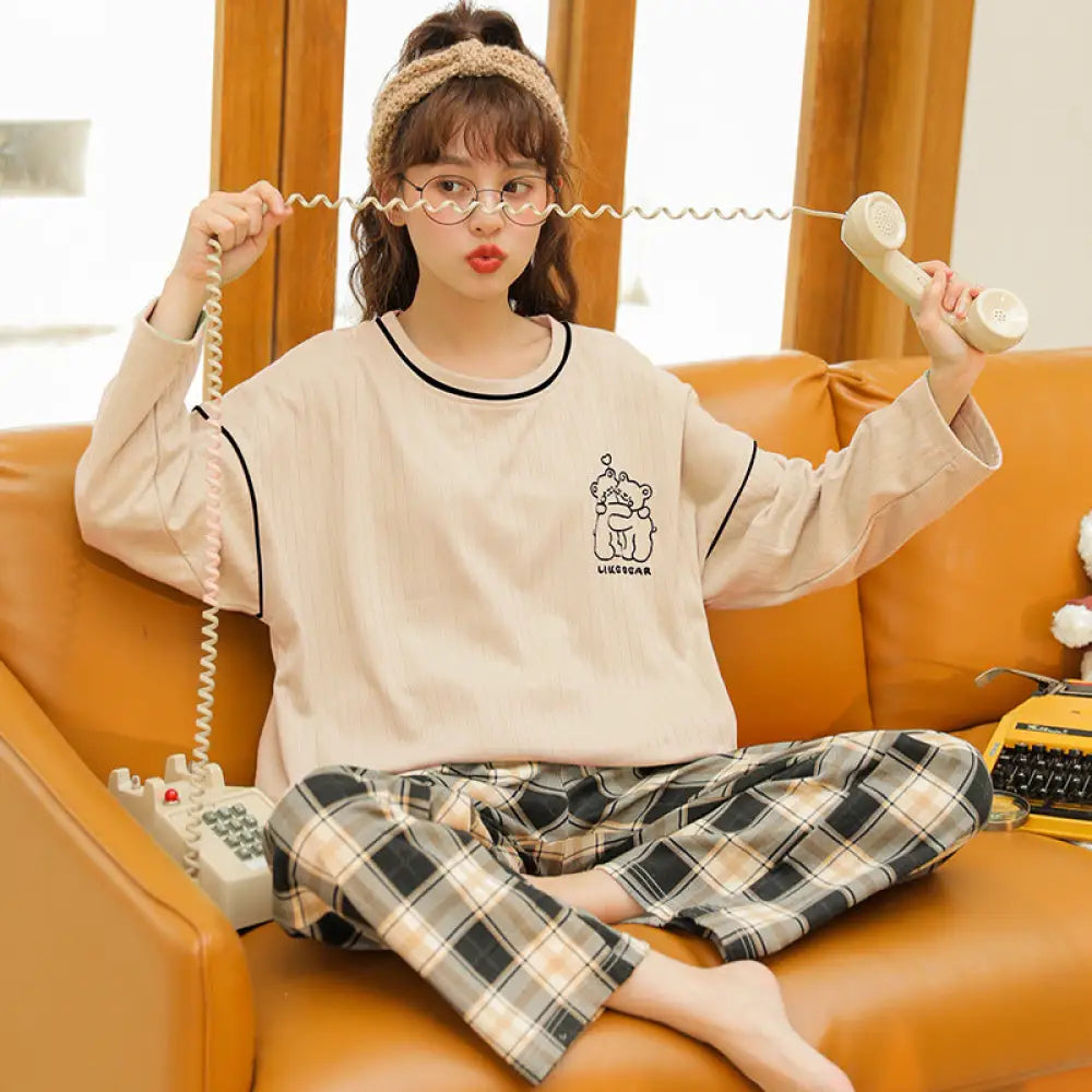 パジャマ レディース 春秋 モデル 長袖 ロングパンツセット 学生向け インスタ風 秋冬 シーズン ゆったりルームウェア ID3911 タイプ② / M