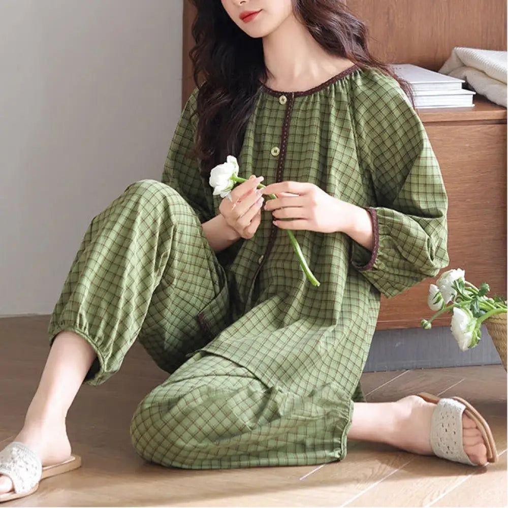 パジャマ レディース 春秋 人気 ゆったり 大きいサイズ ロングスリーブ ロングパンツ セット ID4328 グリーン / M