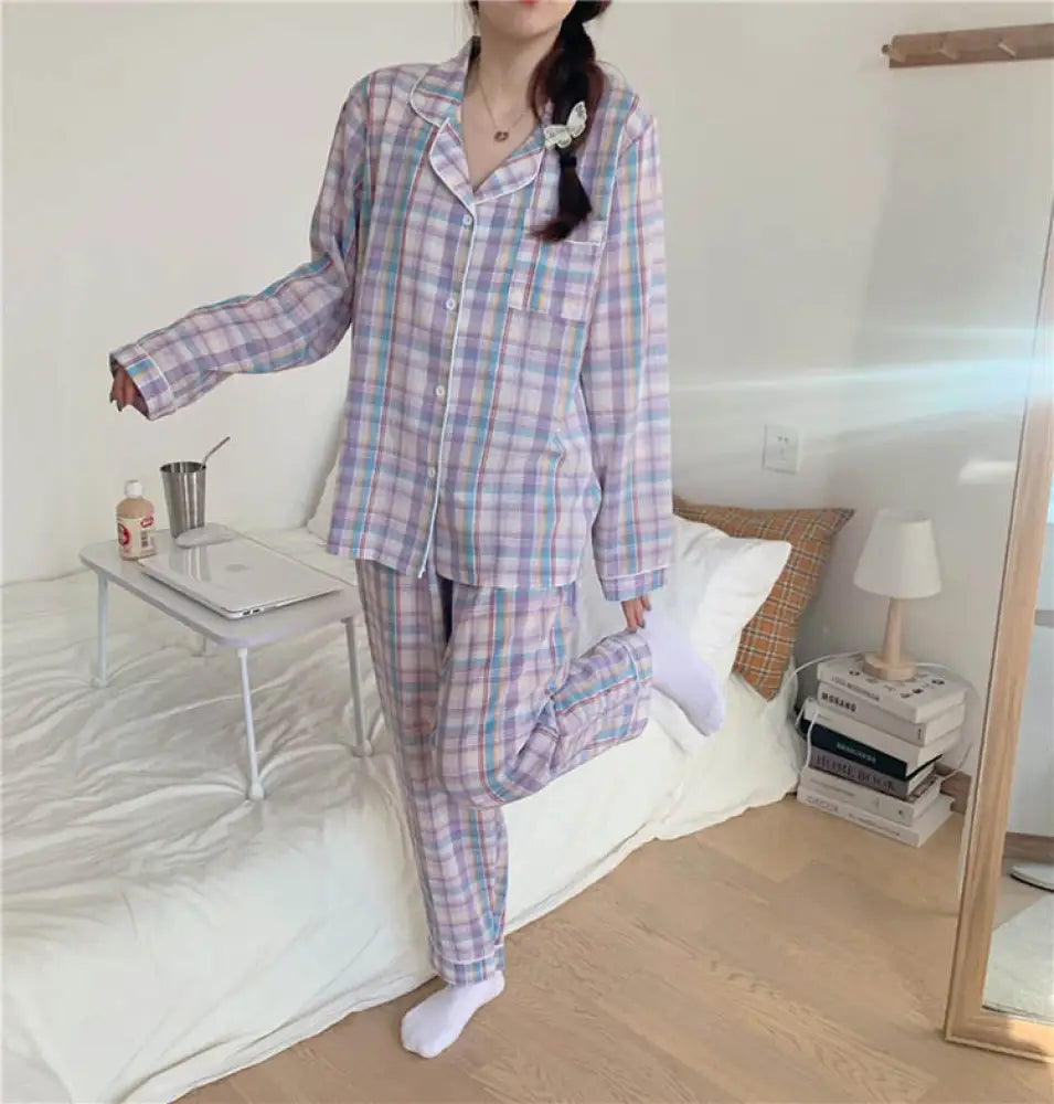 パジャマ レディース 春 秋 長袖 パジャマ ロングパンツ ルームウェア 上下セット チェック柄 パジャマ 可愛い 部屋着 韓国風 寝巻き パジャマ ID3984 パープル / M
