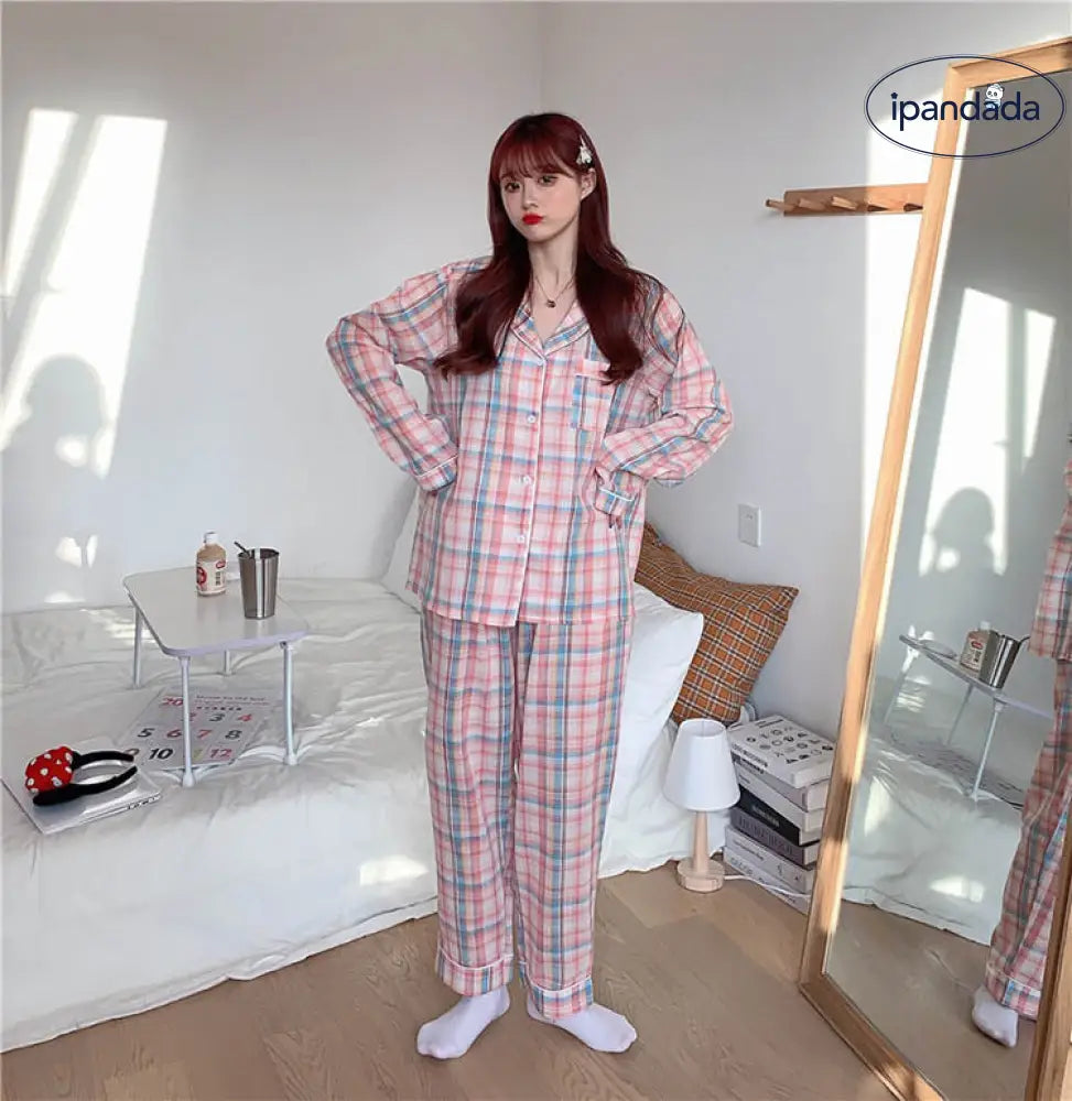 パジャマ レディース 春 秋 長袖 パジャマ ロングパンツ ルームウェア 上下セット チェック柄 パジャマ 可愛い 部屋着 韓国風 寝巻き パジャマ ID3984