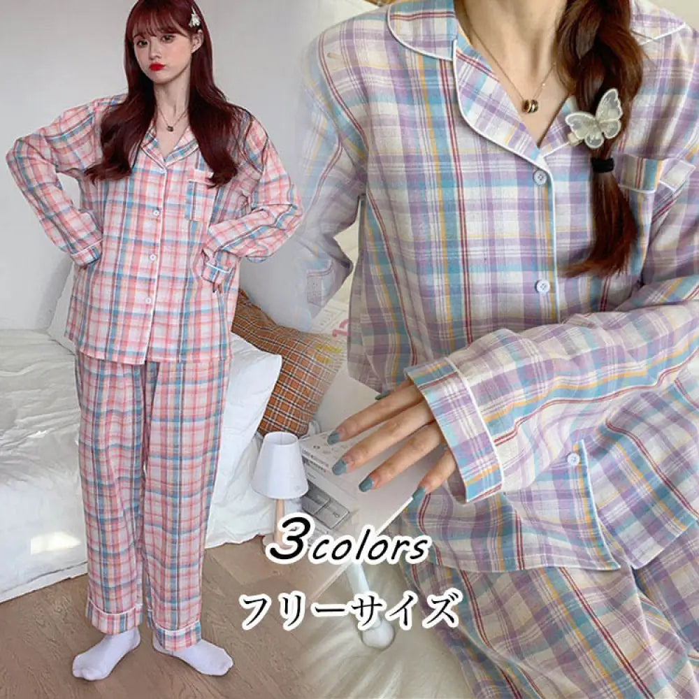 パジャマ レディース 春 秋 長袖 パジャマ ロングパンツ ルームウェア 上下セット チェック柄 パジャマ 可愛い 部屋着 韓国風 寝巻き パジャマ ID3984