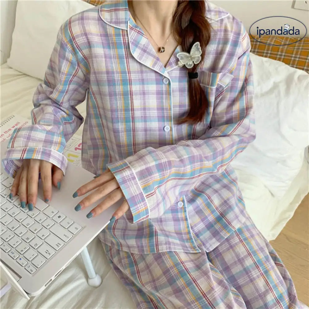 パジャマ レディース 春 秋 長袖 パジャマ ロングパンツ ルームウェア 上下セット チェック柄 パジャマ 可愛い 部屋着 韓国風 寝巻き パジャマ ID3984