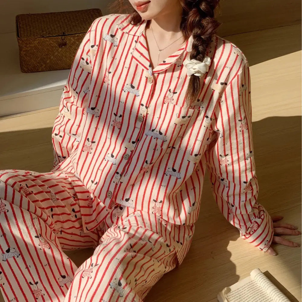 パジャマ レディース 春秋 長袖 ロングパンツ ストライプ カーディガン 通気性 スウィート 部屋着 セット ID4150 ピンク / M