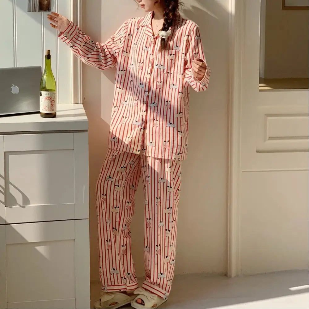 パジャマ レディース 春秋 長袖 ロングパンツ ストライプ カーディガン 通気性 スウィート 部屋着 セット ID4150