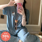 ID790 パジャマ レディース 春 夏 シーズン 新作 猫 プリント チェック 柄 ラウンドネック 半袖 長ズボン 薄手 綿100% カートゥーン カジュアル ホームウェア ルームウェア 外出対応 セット 涼感 通気性抜群 洗濯可能