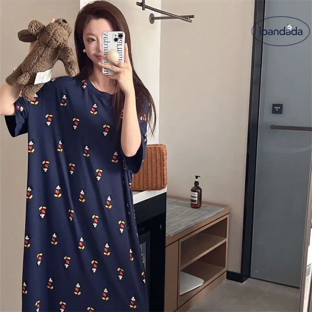 ID887 パジャマ レディース 夏 韓国風 くま プリント インスタ人気 ソフト 通気性抜群 体型カバー ホームウェア ルームウェア 部屋着 コーディネート可能 洗濯可能 ネイビー / M レディース＞セットアップ