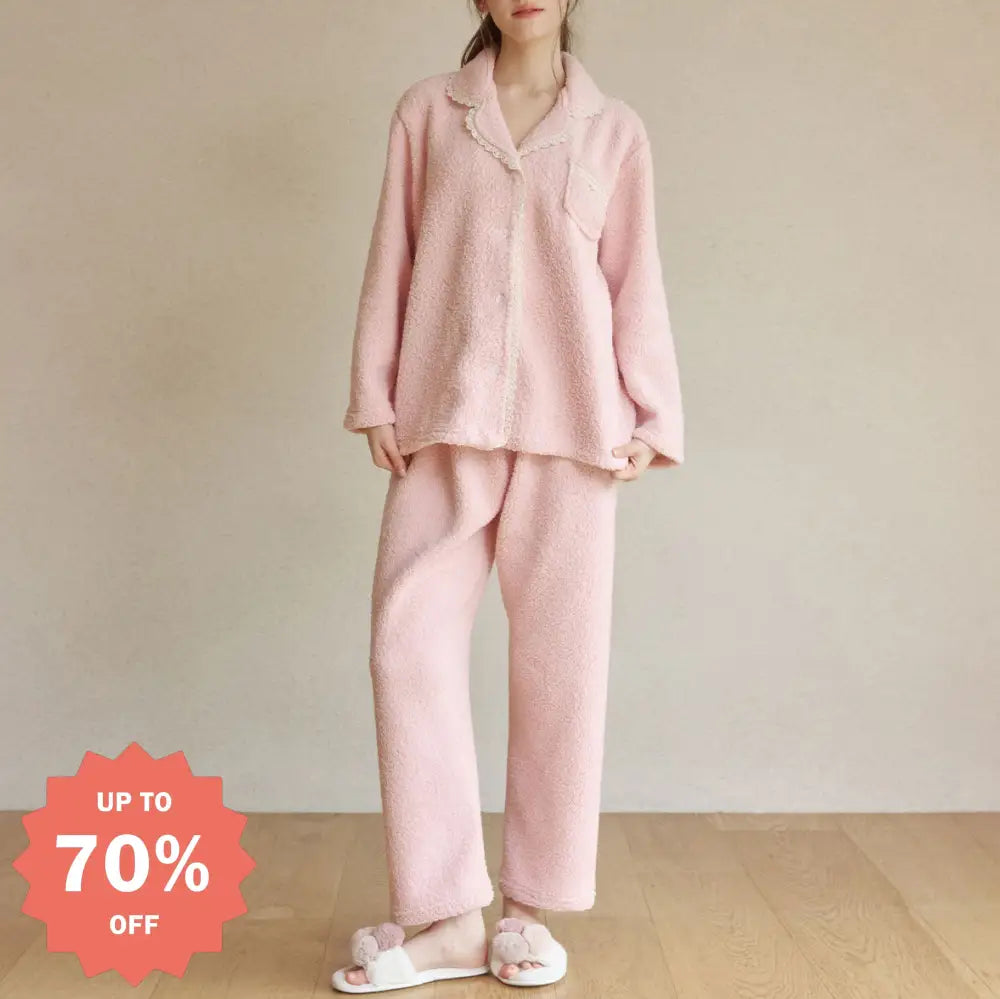 パジャマ レディース 冬用 無地 シンプル カジュアル 長袖 フリース ルームウェア セット ナイトウェア かわいい 可愛い 暖かい あったか 長袖 クリスマスプレゼント ID3568 ピンク / M レディース＞セットアップ