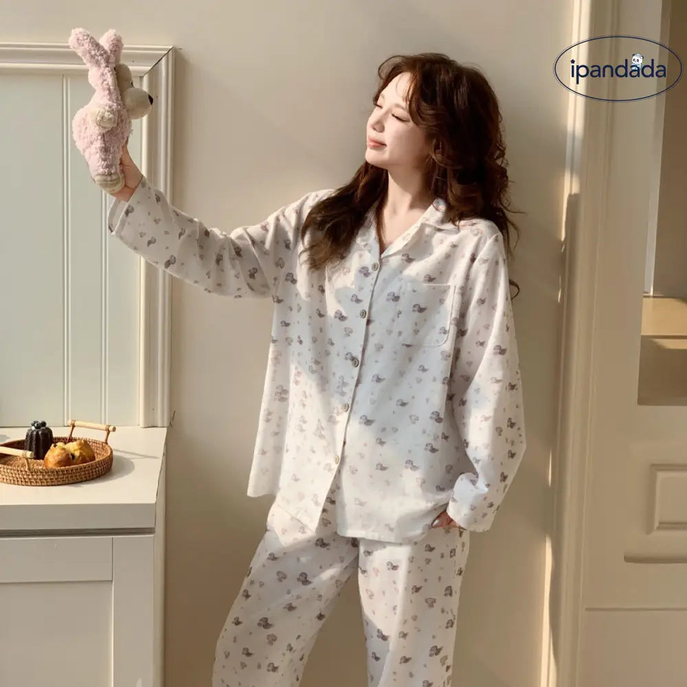 パジャマ レディース カーディガン 襟付き 長袖 ロングパンツ 春秋 部屋着 セット ID4154