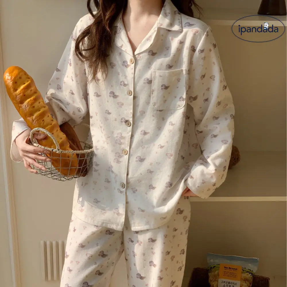 パジャマ レディース カーディガン 襟付き 長袖 ロングパンツ 春秋 部屋着 セット ID4154