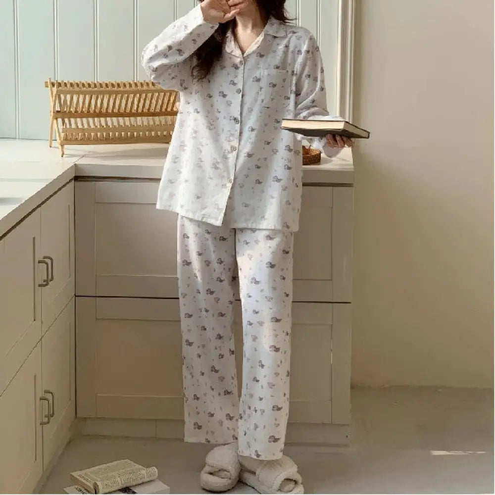パジャマ レディース カーディガン 襟付き 長袖 ロングパンツ 春秋 部屋着 セット ID4154