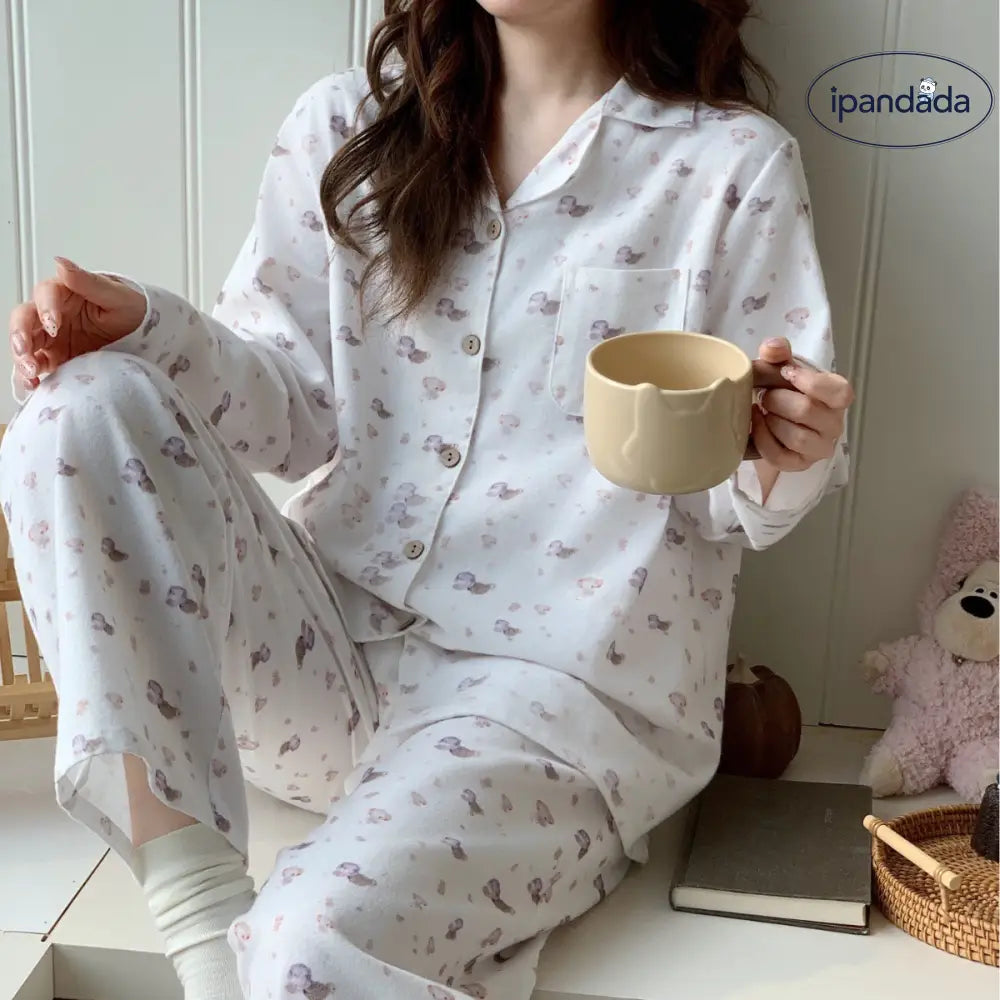 パジャマ レディース カーディガン 襟付き 長袖 ロングパンツ 春秋 部屋着 セット ID4154