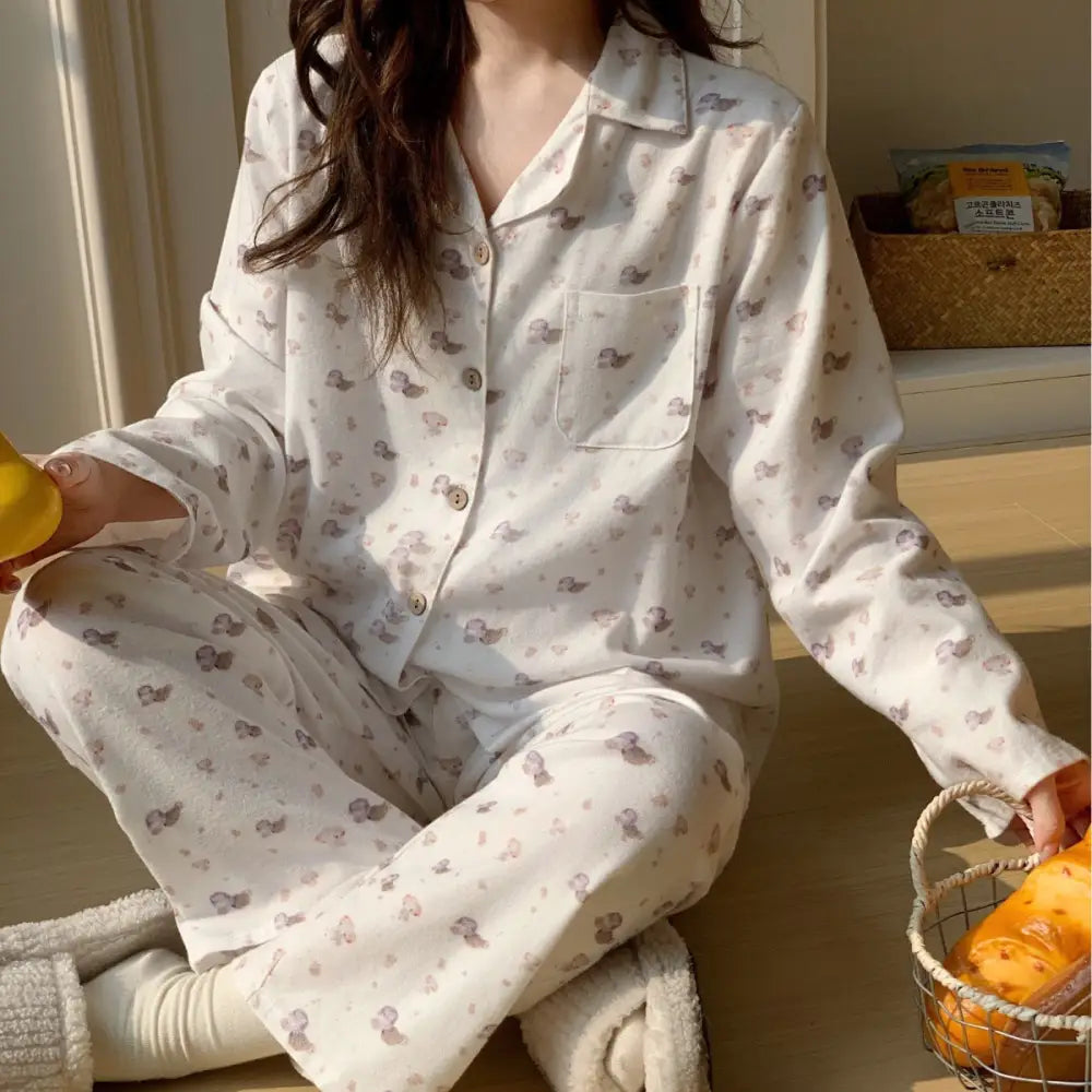 パジャマ レディース カーディガン 襟付き 長袖 ロングパンツ 春秋 部屋着 セット ID4154 写真通り / M