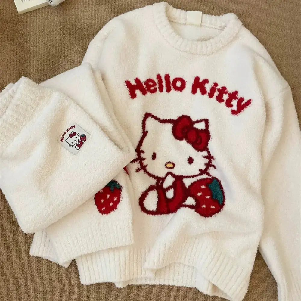 ID403 パジャマ レディース 猫柄 暖かい もこもこ ルームウェア 春 冬 かわいい 部屋着 おしゃれ 秋 長袖 上下セット セットアップ 秋冬 パンツ あったか ゆったり もこもこルームウェア ロングパンツ ホワイト / M