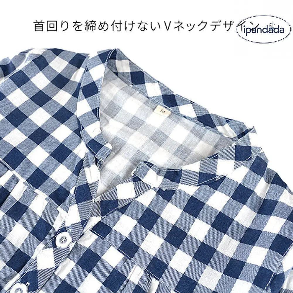 ID1732 パジャマ レディース 綿 7部袖 チェニック 薄手 長ズボン 上下セット チェック柄 ルームウェア 部屋着 大きいサイズ 冷房対策 体型カバー コットン さらさら ワンピース かわいい おしゃれ プレゼント 誕生日  ネイビー グレー ピンク