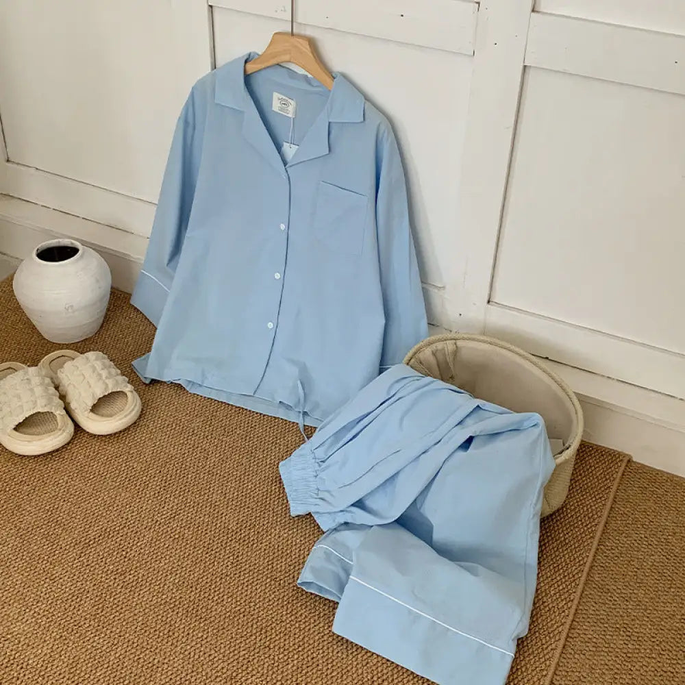 パジャマ レディース 綿素材 秋用 長袖 長ズボン ゆったり 外出可能 ルームウェア セットアップ ペア ID2575 女性 ブルー / レディースＭ