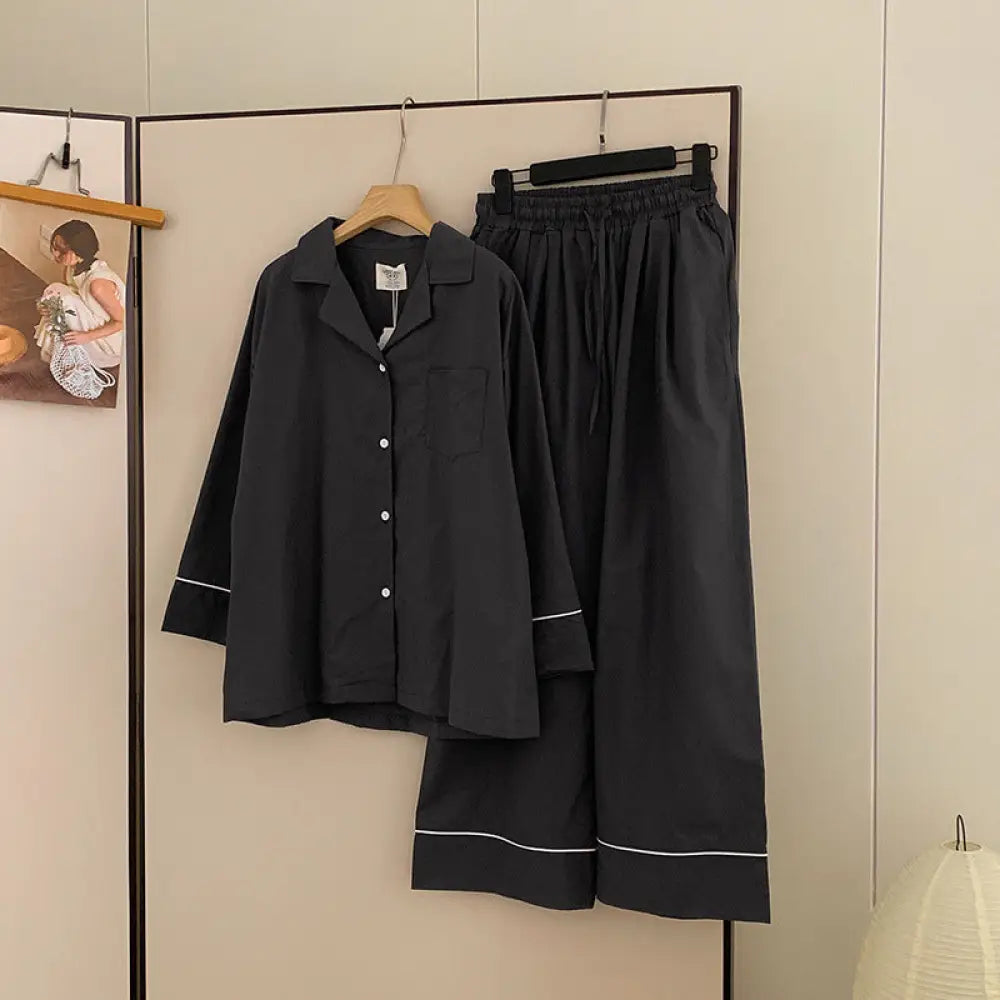 パジャマ レディース 綿素材 秋用 長袖 長ズボン ゆったり 外出可能 ルームウェア セットアップ ペア ID2575 女性 ダークグレー / レディースＭ