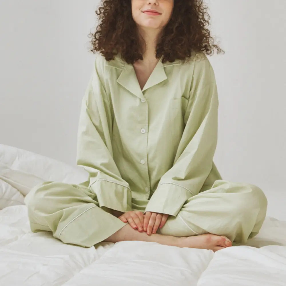 パジャマ レディース 綿素材 秋用 長袖 長ズボン ゆったり 外出可能 ルームウェア セットアップ ペア ID2575 女性 グリーン / レディースＭ