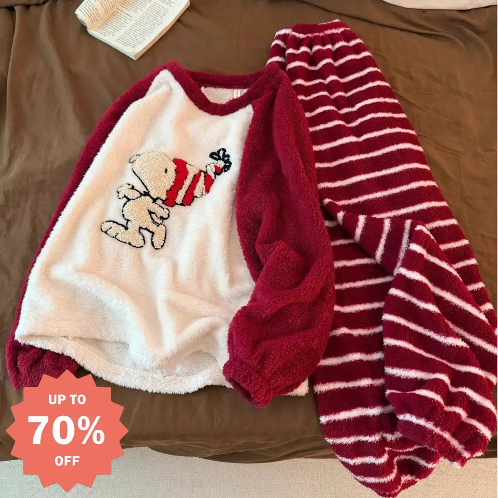 パジャマ レディース 秋冬 大きいサイズ 厚手 フリース スヌーピー ストライプ セット ルームウェア 冬用 長袖 裏起毛 上下セット レディース ルームウェア 部屋着 ゆったり ID3730 レッド / M レディース＞セットアップ