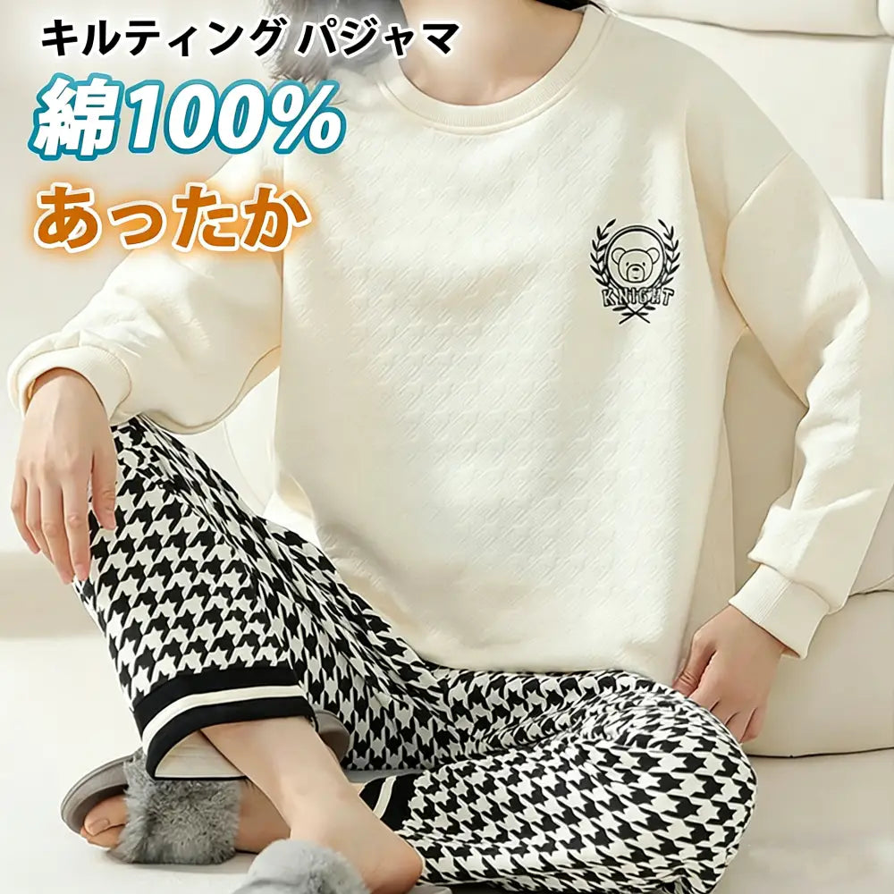 パジャマ レディース 秋 冬 暖かい 厚手 キルティング 中綿 キルトニット ルームウェア コットン100％ 上下セット 冷え性対策 部屋着 快眠 ホームウェア セットアップ 長袖 長ズボン ゆったり 体型カバー ふんわり 肌にやさしい