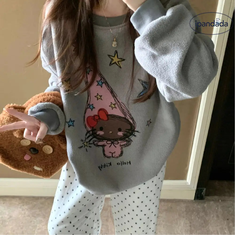 パジャマ レディース 秋冬 新作 フリース キティ猫 ワイド スチューデント 保温 部屋着 セット ID4176