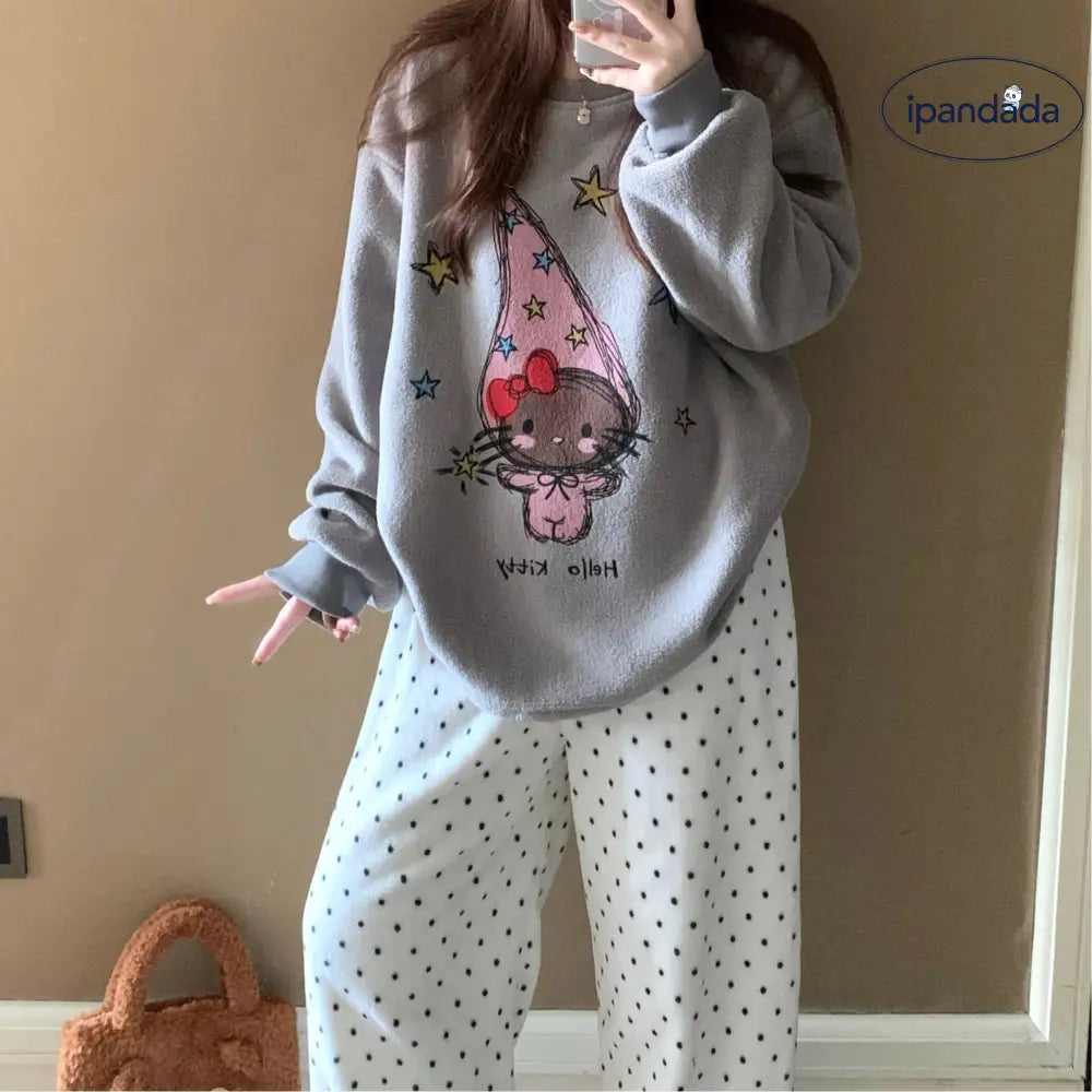 パジャマ レディース 秋冬 新作 フリース キティ猫 ワイド スチューデント 保温 部屋着 セット ID4176