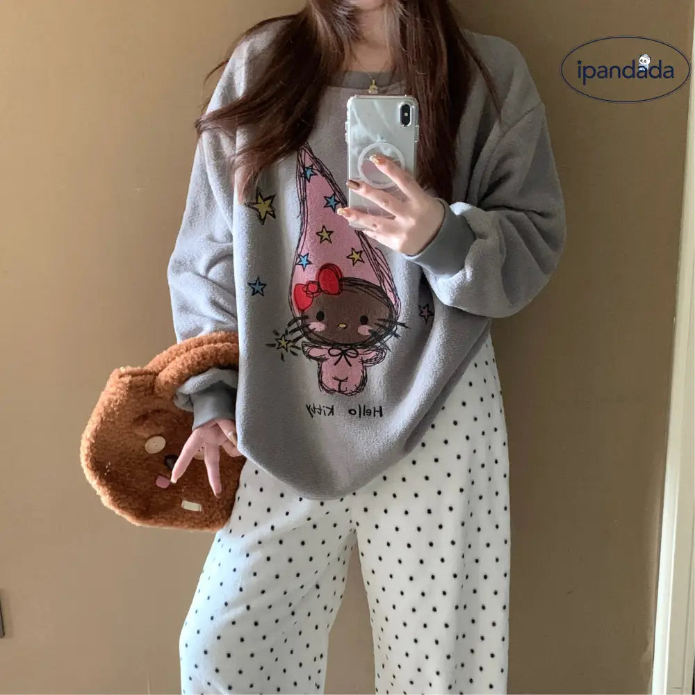 パジャマ レディース 秋冬 新作 フリース キティ猫 ワイド スチューデント 保温 部屋着 セット ID4176