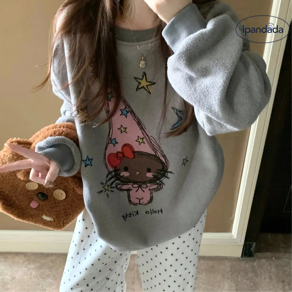 パジャマ レディース 秋冬 新作 フリース キティ猫 ワイド スチューデント 保温 部屋着 セット ID4176