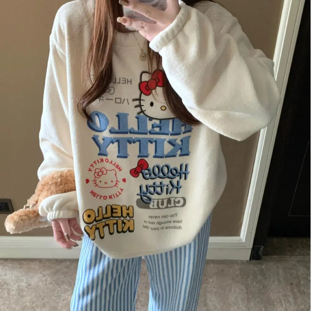 パジャマ レディース 秋冬 新作 フリース キティ猫 ワイド スチューデント 保温 部屋着 セット ID4176 タイプ③ / M