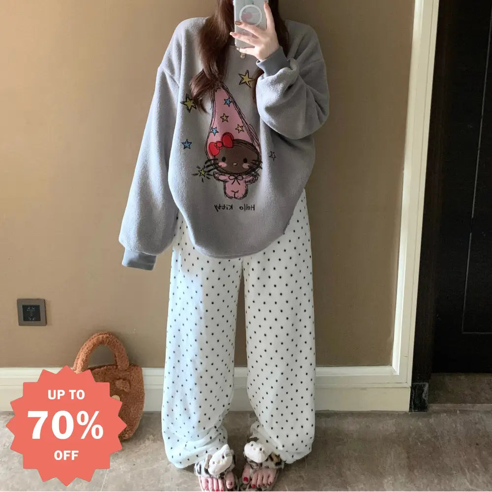 パジャマ レディース 秋冬 新作 フリース キティ猫 ワイド スチューデント 保温 部屋着 セット ID4176 タイプ① / M