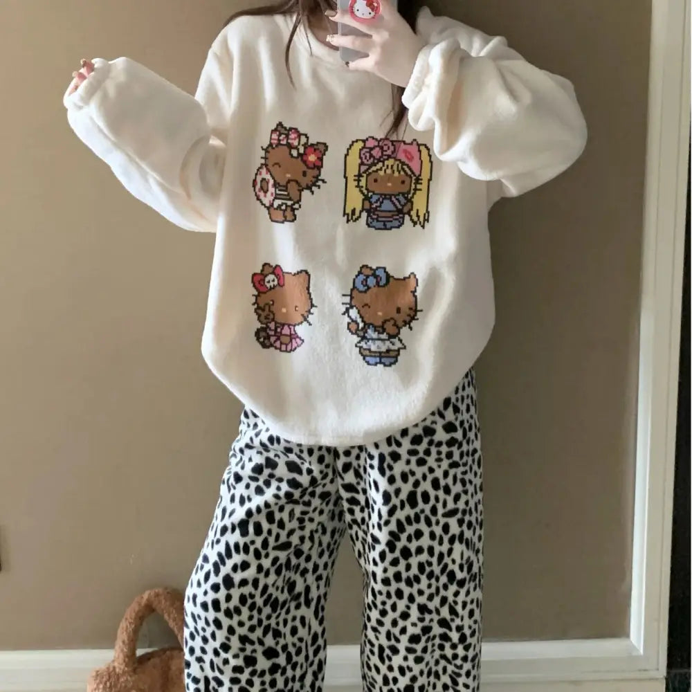 パジャマ レディース 秋冬 新作 フリース キティ猫 ワイド スチューデント 保温 部屋着 セット ID4176 タイプ② / M