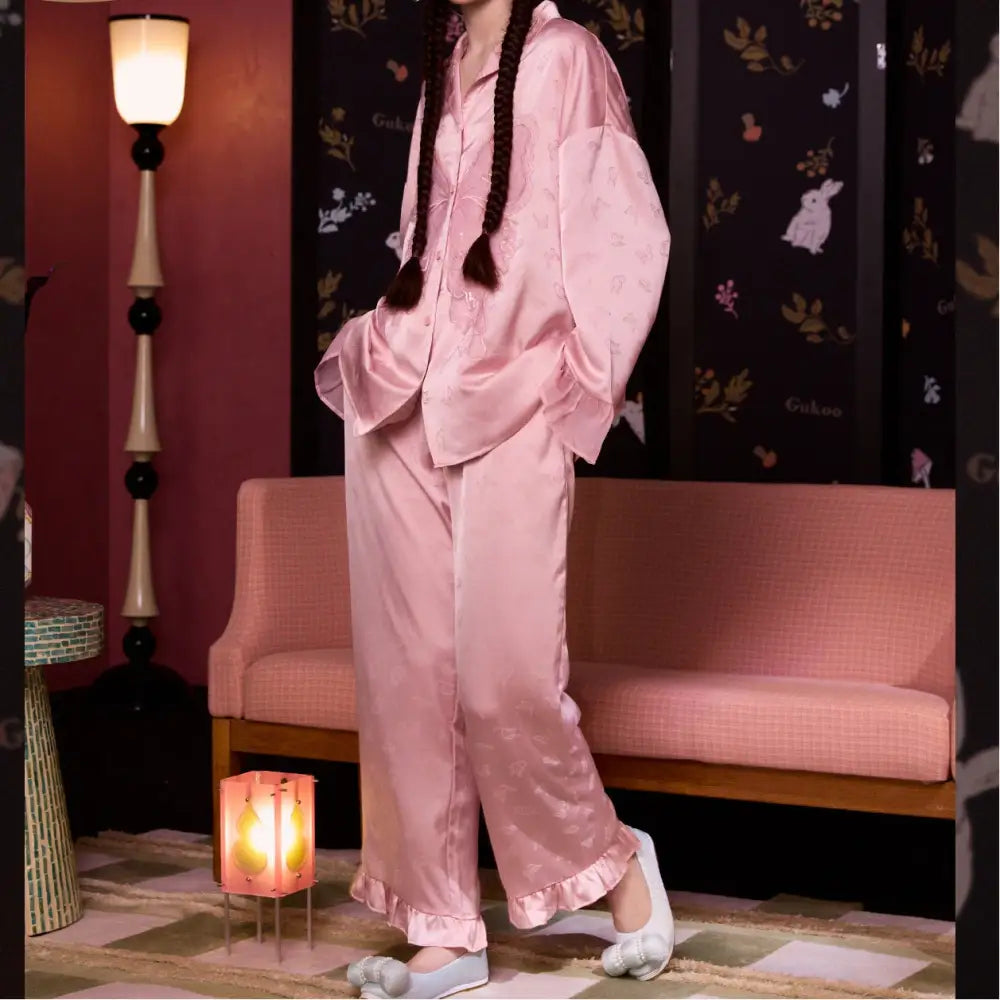 パジャマ レディース セットアップ 部屋着 長袖 薄手 ひんやり 春秋 プリント シンプル ルームウェア 長袖 セット 寝やすい ゆったり ID4461 ピンク / S レディース＞セットアップ
