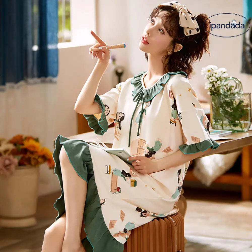 パジャマ レディース ワンピース 春夏用 半袖 寝やすい ゆったり 柔らか素材 伸縮性 通気性 吸汗性 快適 韓国風 ルームウェア 春秋 ID4463 レディース＞ワンピース