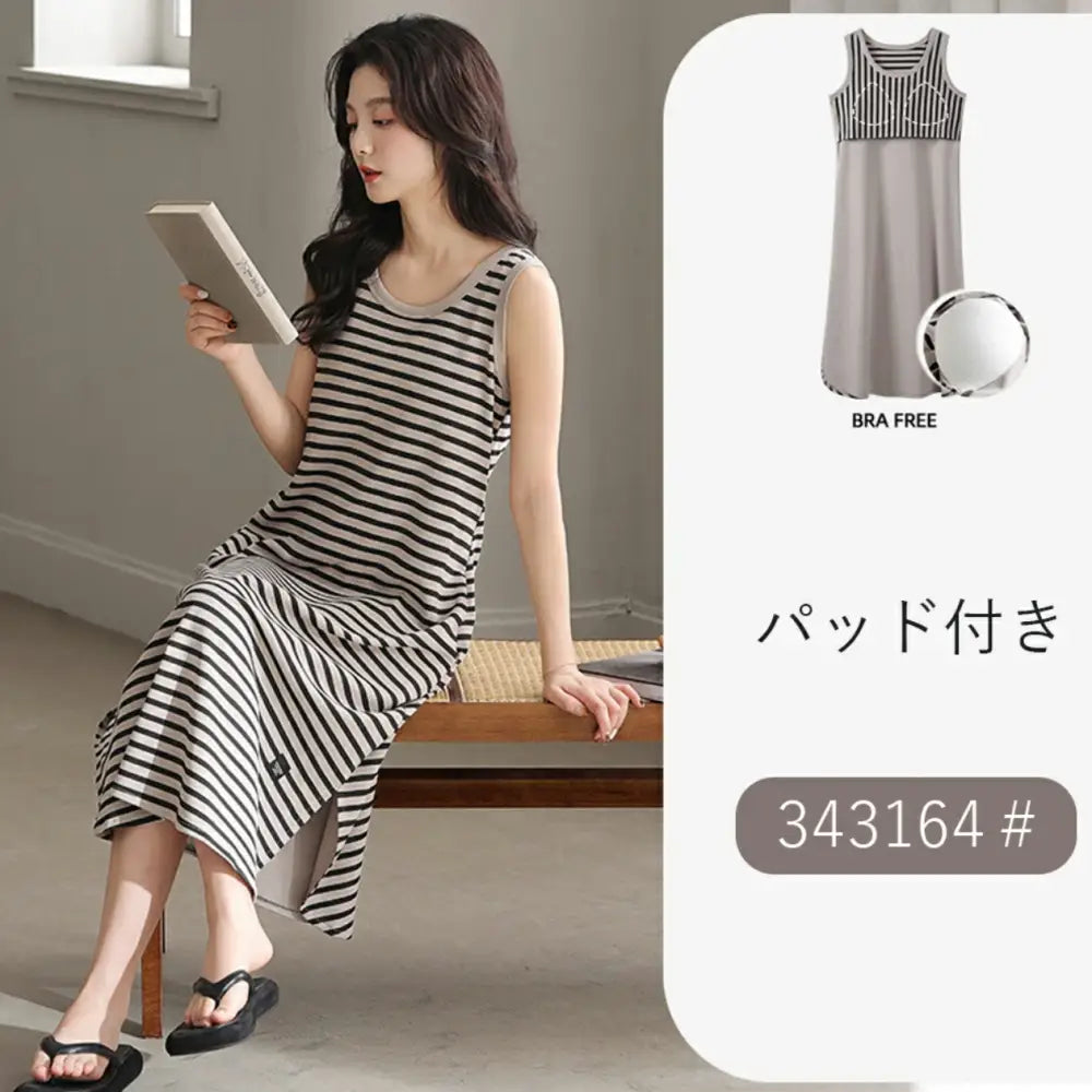 ID1605 パジャマ レディース ワンピース 夏 ひんやり モダール 涼しい ルームウェア レディース ルームワンピース ボーダー ノースリーブ パジャマ ルームウェア パッド付き Uネック 部屋着 寝巻き ゆったり 修学旅行 新生活