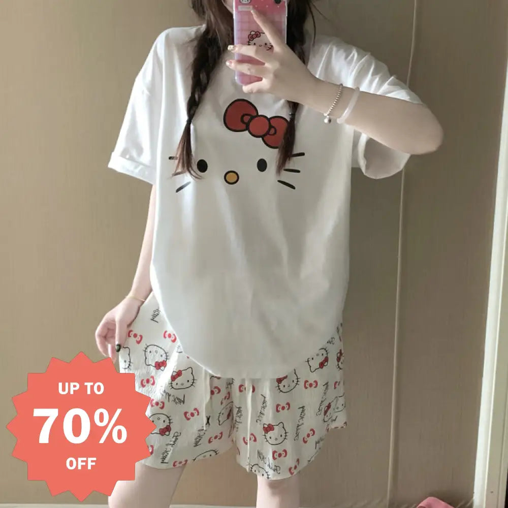ID789 パジャマ レディース 夏 新作 2点セット ハローキティ プリント 綿 半袖 ショートパンツ ホームウェア ルームウェア 外出対応 インスタ風 キュート 通気性抜群 洗濯可能 部屋着 セット 薄手 おしゃれ インテリア