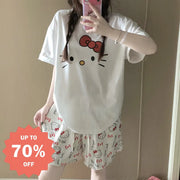ID789 パジャマ レディース 夏 新作 2点セット ハローキティ プリント 綿 半袖 ショートパンツ ホームウェア ルームウェア 外出対応 インスタ風 キュート 通気性抜群 洗濯可能 部屋着 セット 薄手 おしゃれ インテリア