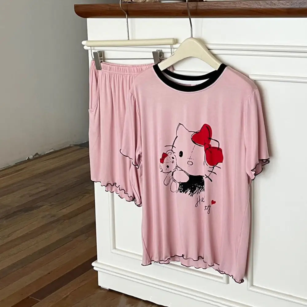 ID888 パジャマ レディース 夏 韓国風 猫 プリント 綿 モダール 半袖 ショートパンツ セット インスタ人気 マルチカラー 体型カバー 外出対応 ホームウェア ルームウェア 部屋着 ピンク半袖＋半パンセット / M