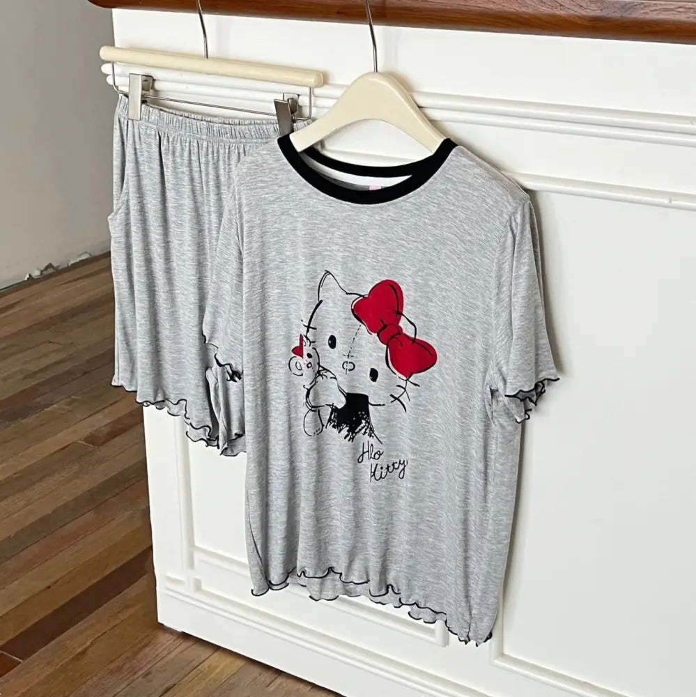 ID888 パジャマ レディース 夏 韓国風 猫 プリント 綿 モダール 半袖 ショートパンツ セット インスタ人気 マルチカラー 体型カバー 外出対応 ホームウェア ルームウェア 部屋着 グレー半袖＋半パンセット / M