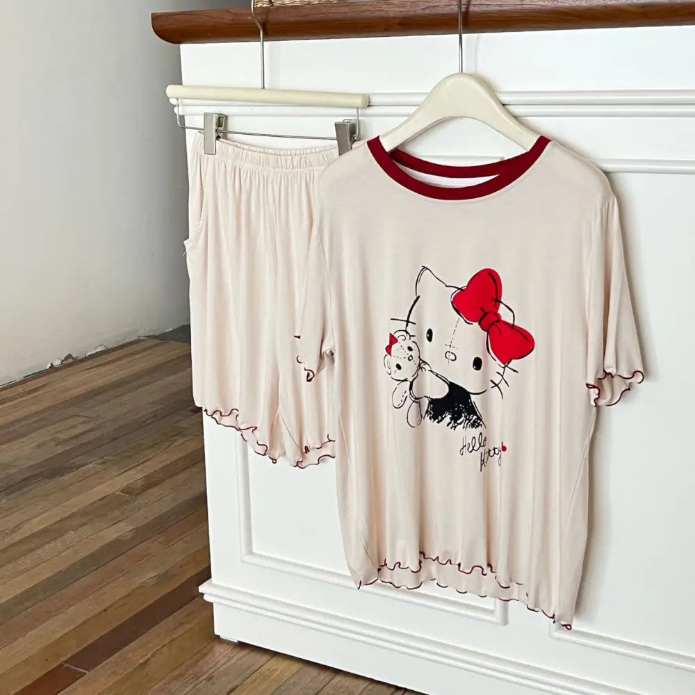 ID888 パジャマ レディース 夏 韓国風 猫 プリント 綿 モダール 半袖 ショートパンツ セット インスタ人気 マルチカラー 体型カバー 外出対応 ホームウェア ルームウェア 部屋着 ホワイト半袖＋半パンセット / M