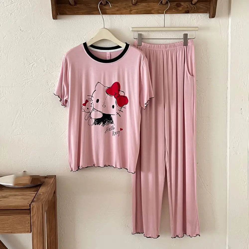 ID888 パジャマ レディース 夏 韓国風 猫 プリント 綿 モダール 半袖 ショートパンツ セット インスタ人気 マルチカラー 体型カバー 外出対応 ホームウェア ルームウェア 部屋着 ピンク半袖＋長パンセット / M
