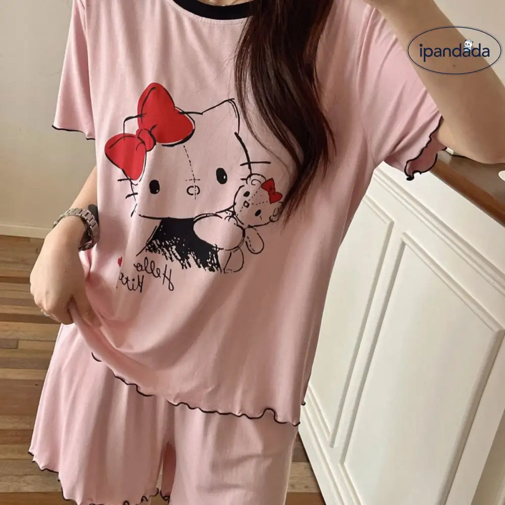 ID888 パジャマ レディース 夏 韓国風 猫 プリント 綿 モダール 半袖 ショートパンツ セット インスタ人気 マルチカラー 体型カバー 外出対応 ホームウェア ルームウェア 部屋着 レディース＞セットアップ