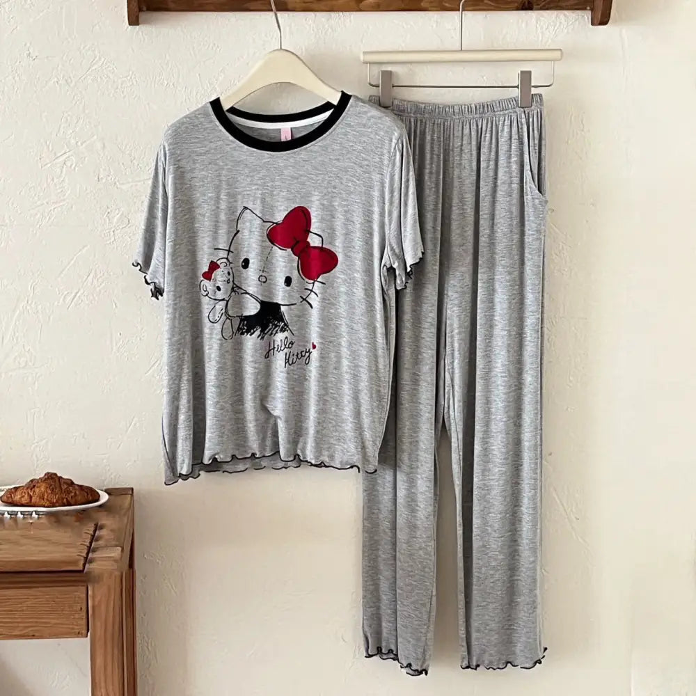 ID888 パジャマ レディース 夏 韓国風 猫 プリント 綿 モダール 半袖 ショートパンツ セット インスタ人気 マルチカラー 体型カバー 外出対応 ホームウェア ルームウェア 部屋着 グレー半袖＋長パンセット / M