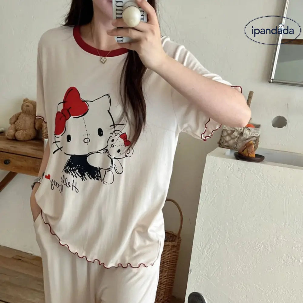 ID888 パジャマ レディース 夏 韓国風 猫 プリント 綿 モダール 半袖 ショートパンツ セット インスタ人気 マルチカラー 体型カバー 外出対応 ホームウェア ルームウェア 部屋着 レディース＞セットアップ