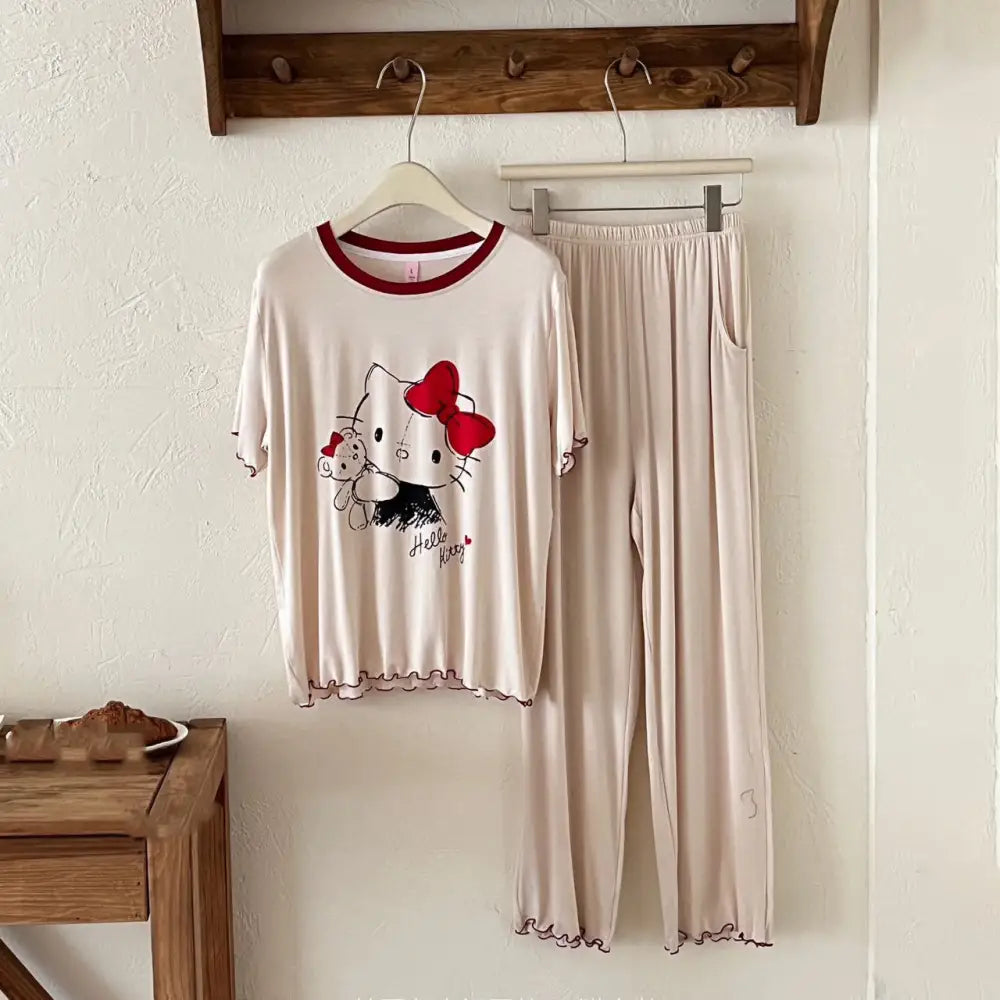 ID888 パジャマ レディース 夏 韓国風 猫 プリント 綿 モダール 半袖 ショートパンツ セット インスタ人気 マルチカラー 体型カバー 外出対応 ホームウェア ルームウェア 部屋着 ホワイト半袖＋長パンセット / M