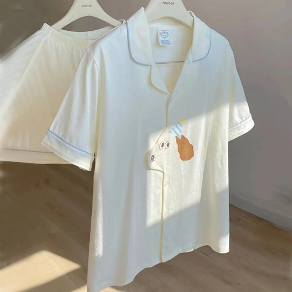 ID797 パジャマ レディース 夏 キュート カートゥーン 子犬 プリント 半袖 カーディガン ショートパンツ セット ソフト 肌に優しい ホームウェア ルームウェア 部屋着 洗濯可能 薄手 涼感 通気性抜群 おしゃれ インテリア