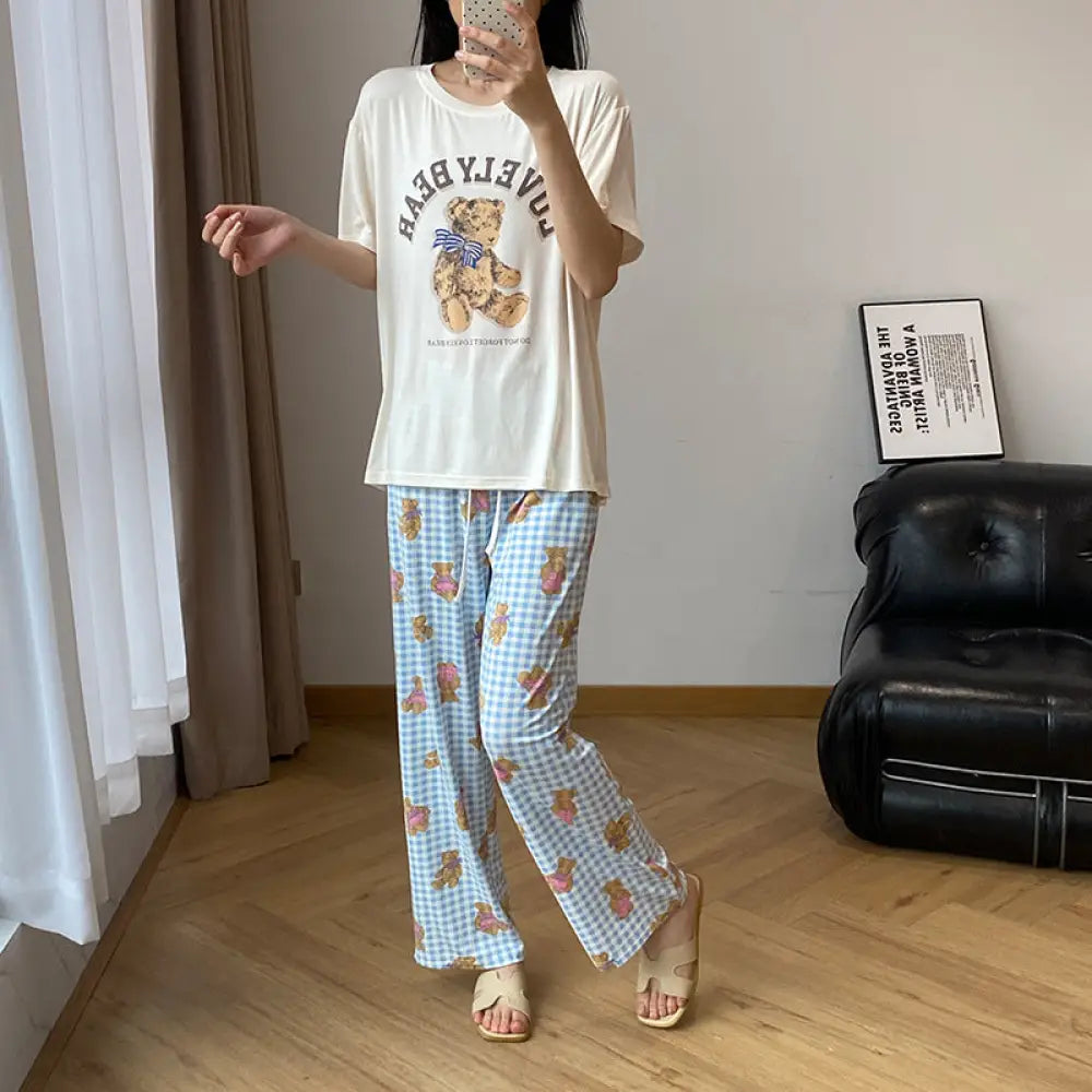 ID814 パジャマ レディース 夏 モダール 半袖 長ズボン 薄手 カジュアル 涼感 ラウンドネック 帽子付き クマ プリント ホームウェア ルームウェア ブルー / フリー レディース＞セットアップ