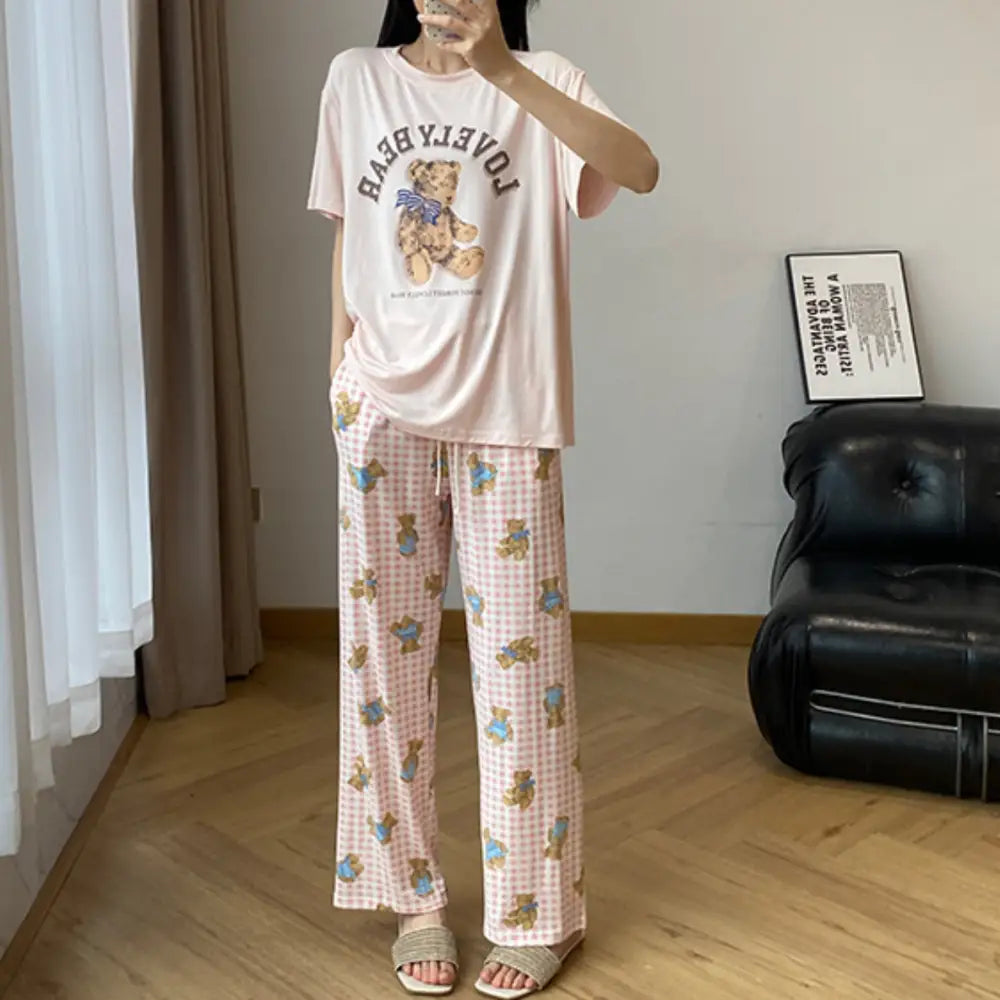 ID814 パジャマ レディース 夏 モダール 半袖 長ズボン 薄手 カジュアル 涼感 ラウンドネック 帽子付き クマ プリント ホームウェア ルームウェア ピンク / フリー レディース＞セットアップ